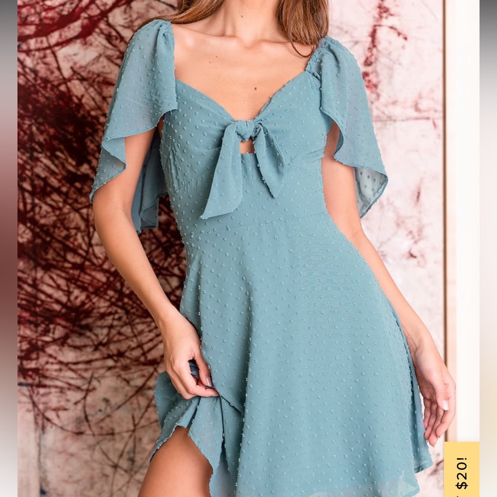 Lulu’s Be a Dear Slate Blue Swiss Dot Tie-Front Skater Dress